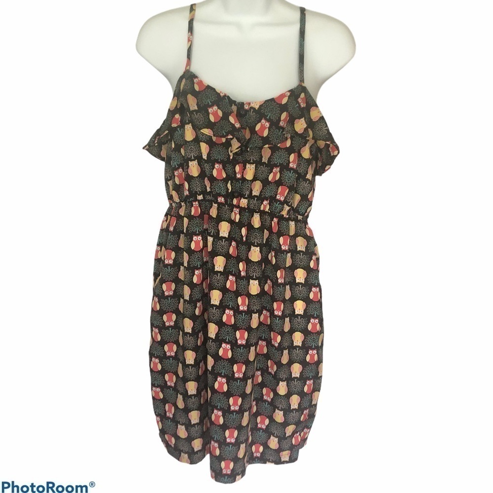 Hana by Morena black Owl design Spaghetti strap mini flounce dress size small